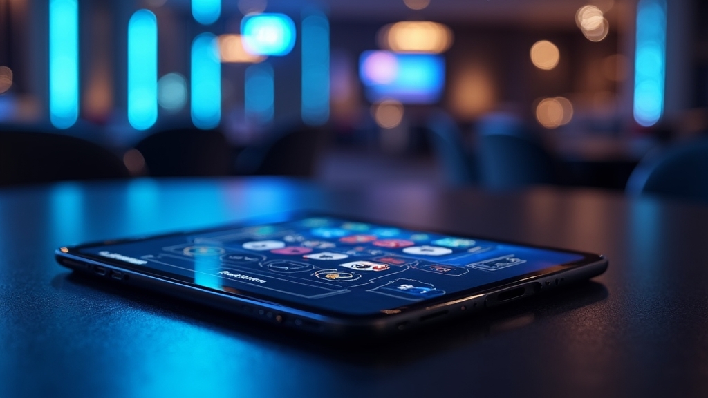 iPhone en iPad met gloeiende app-weergave in een casino lounge