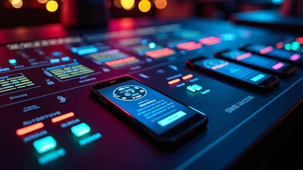 Meerdere smartphones met versiecontrole in een donkere casino-omgeving