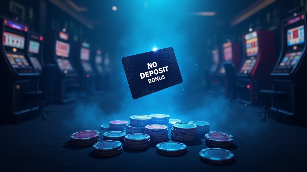 No deposit bonus zichtbaar boven gokkasten in een donkere casinozaal