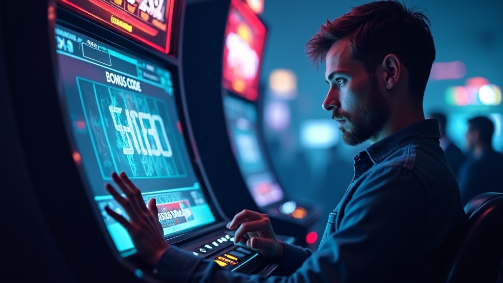 Speler bekijkt bonuscode naast een gokkast in een donkere casino-omgeving